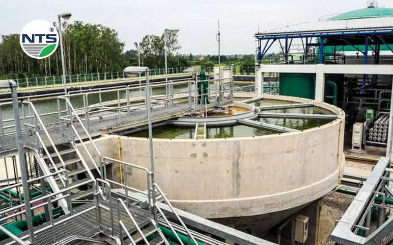 Hệ thống cánh gạt và thanh khuấy cơ khí bên trong bể nén bùn