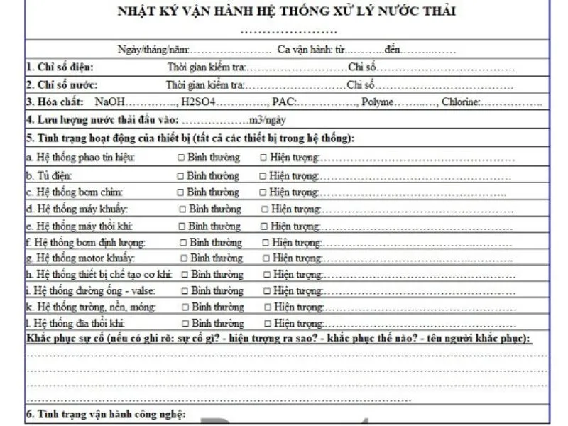 Mẫu nhật ký vận hành hệ thống xử lý nước thải